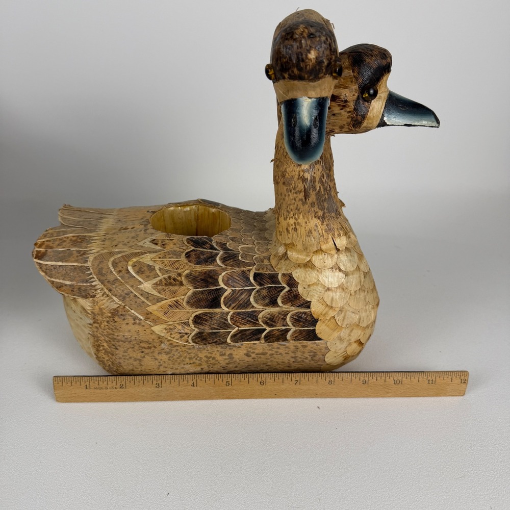 Vintage Double Headed Swan Goose Figurine Natural Fiber Folk Art Decor - Picture 8 of 13